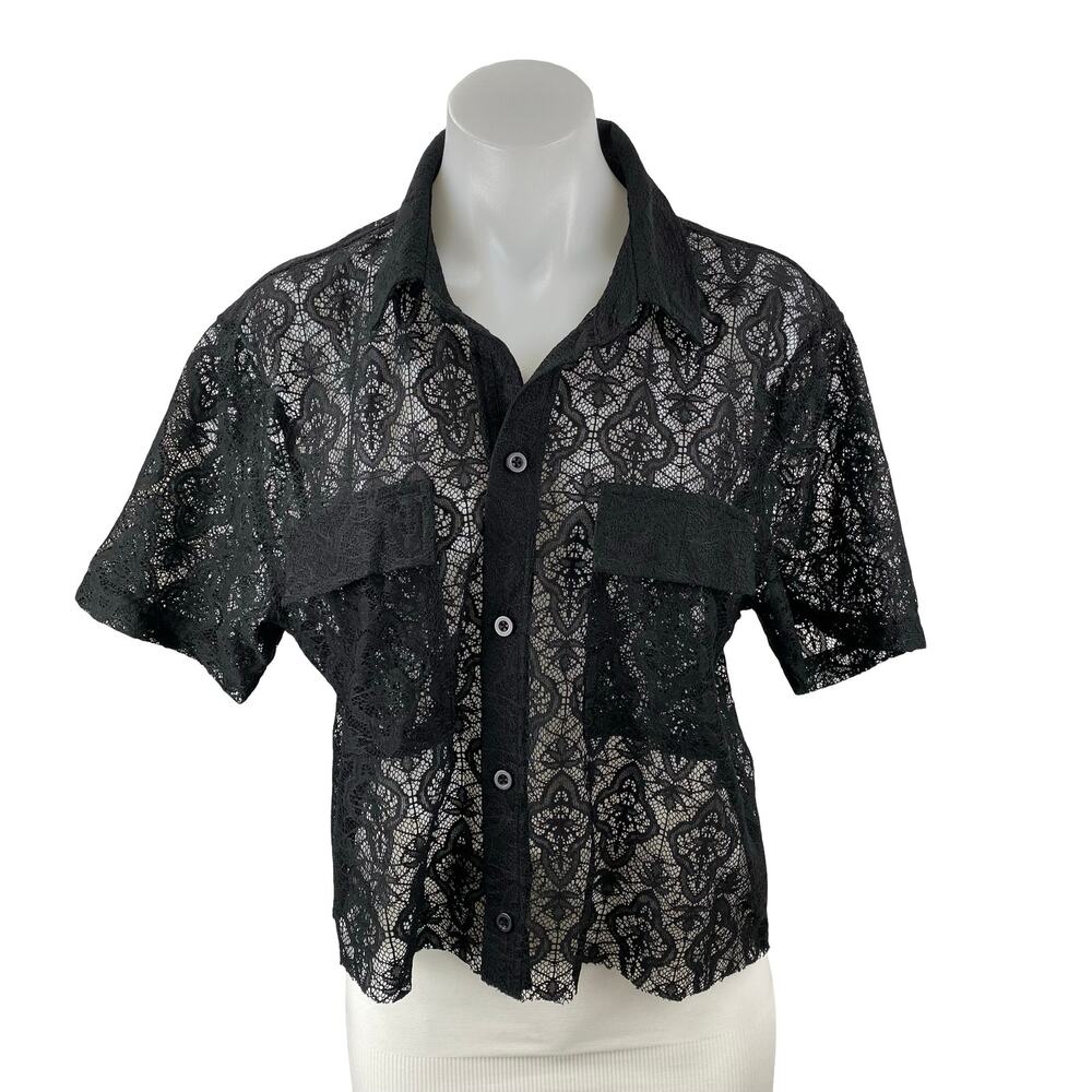 Forever 21 Men's Black Floral Lace Sheer Mesh Short Sleeve Button Up Shirt Top S